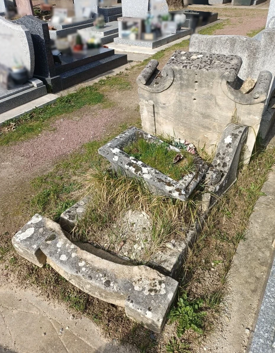 Reprise concession cimetière communal — état d'abandon d'une sépulture avec dégradation et végétation envahissante, documenté par CIMETI-R