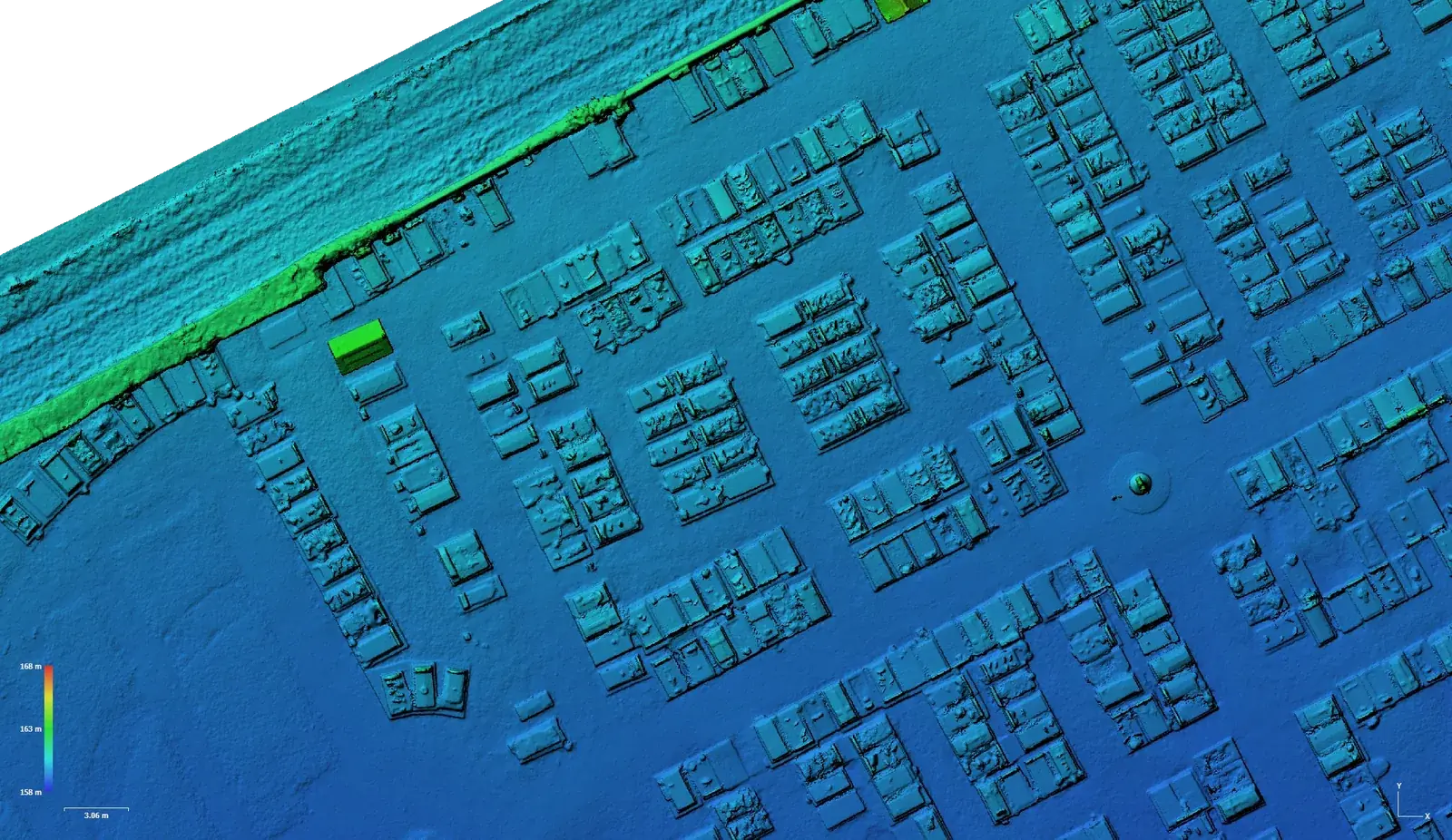Entretien cimetière communal — modèle numérique d'élévation croisant topographie et structures, sépultures et allées visibles en relief